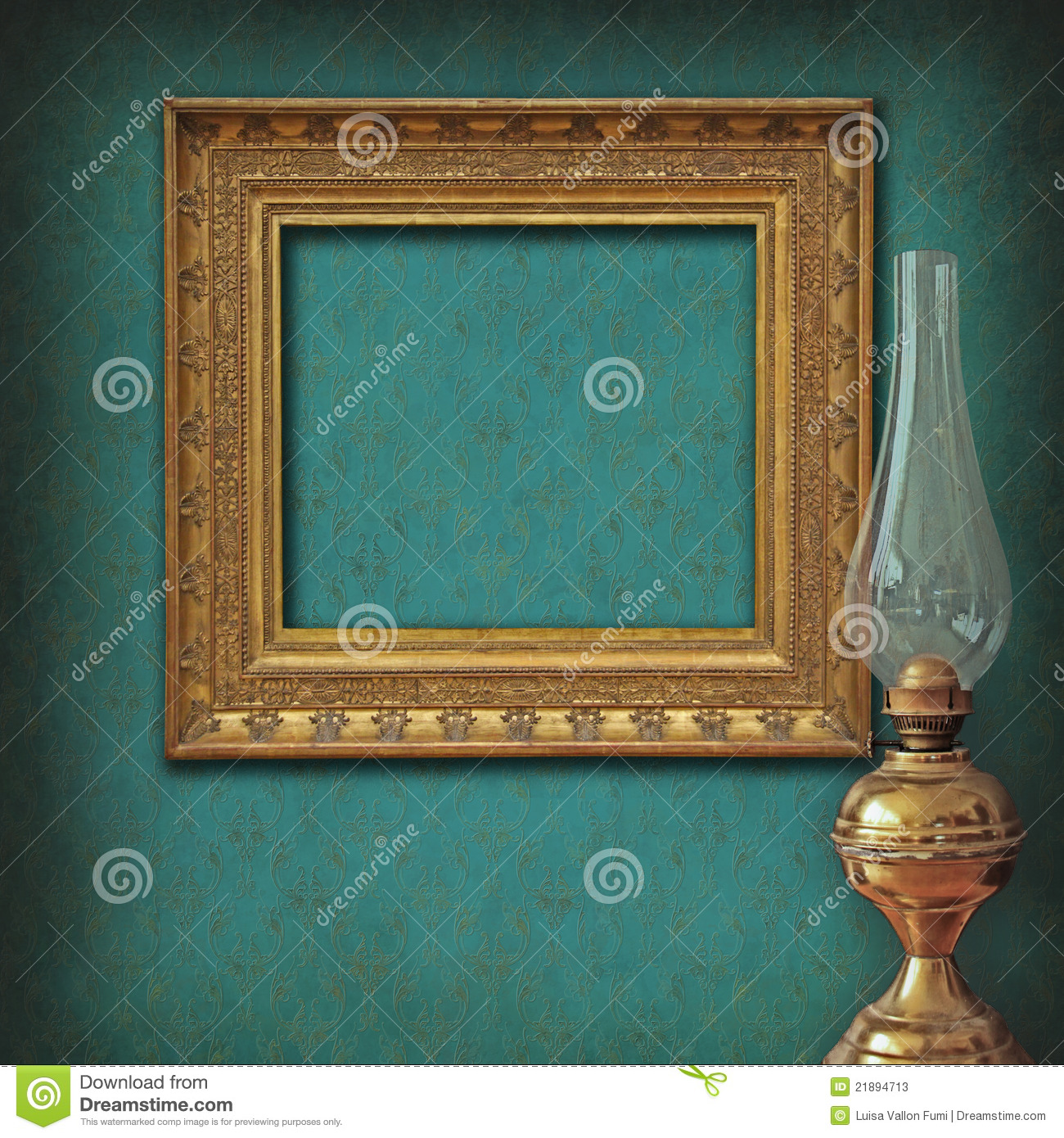 Empty Frame On Vintage Wallpaper And Brass Oil Lam Stock Photos