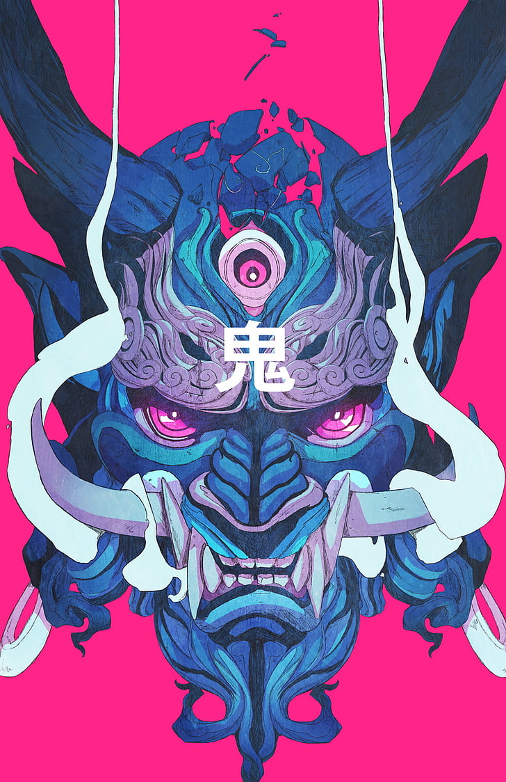 Blue And Gray Oni Mask Digital Wallpaper Demon Samurai