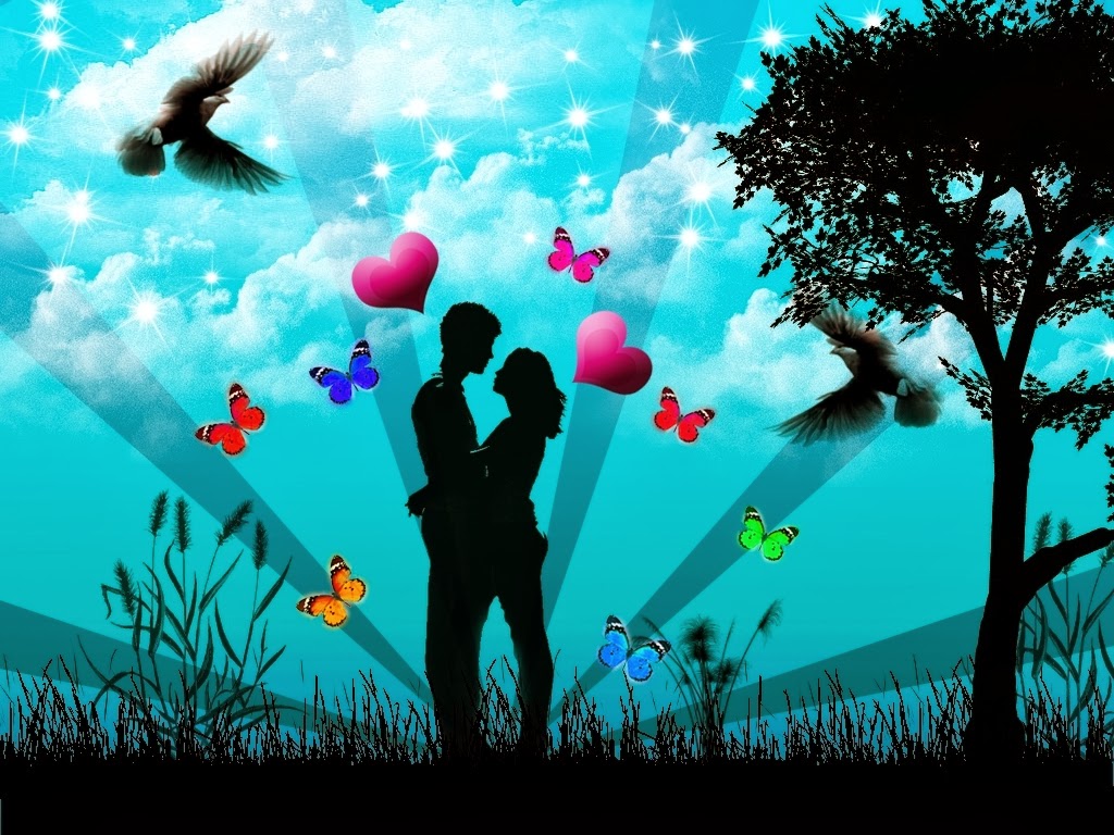 Silhouette of a couple embracing against a vibrant Valentine's Day backdrop with butterflies, hearts, and birds