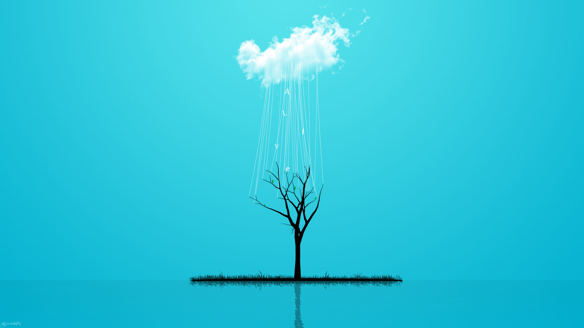 A minimalist depiction of a tree nurtured by strings of rain from a cloud, set against a vibrant teal backdrop