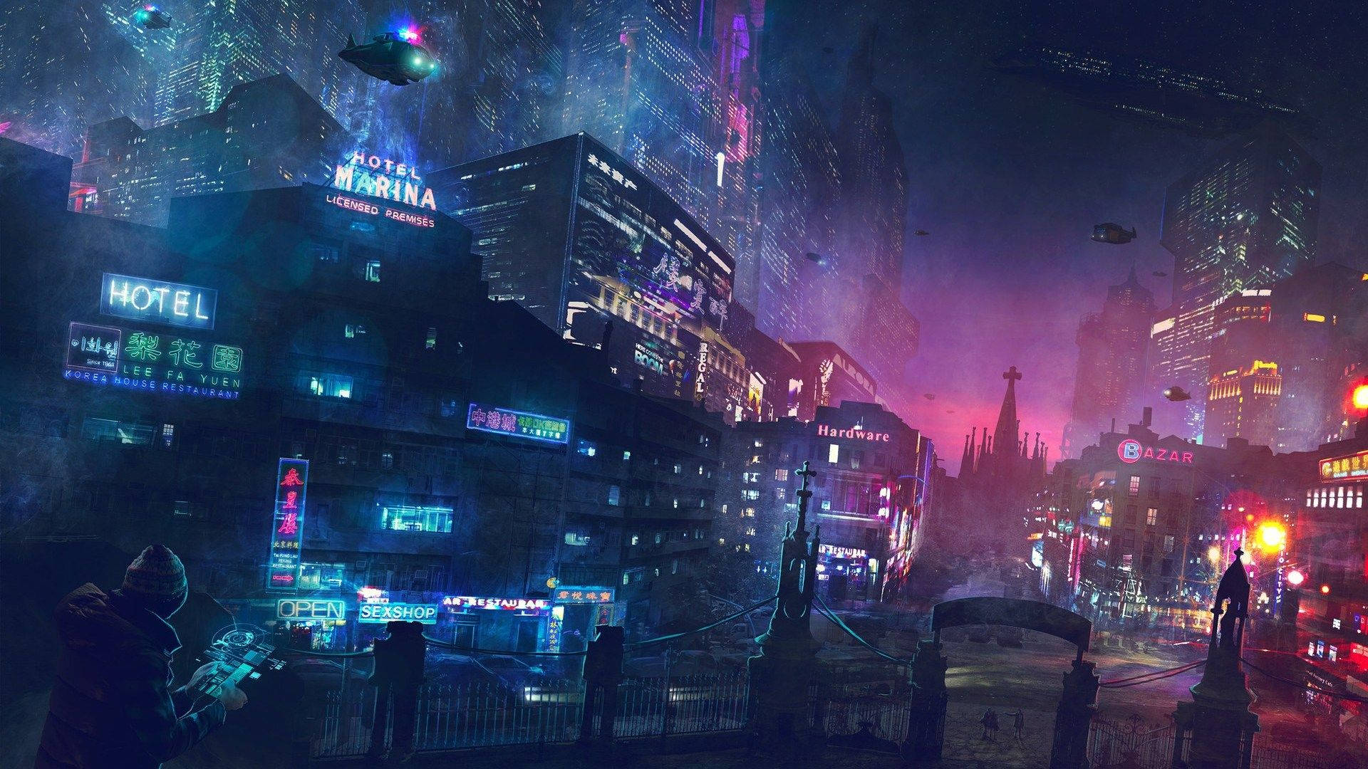 A cyberpunk cityscape at night, featuring neon signs, flying vehicles, and a lone figure in the foreground