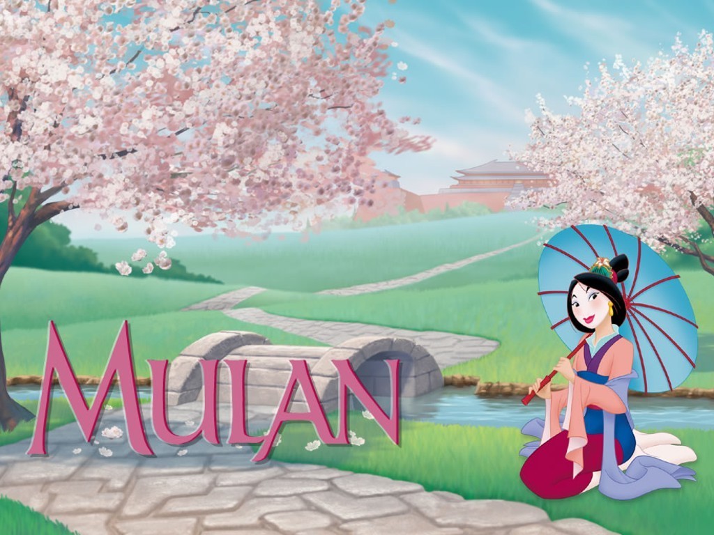 Mulan sitting under a cherry blossom tree in a peaceful garden setting
