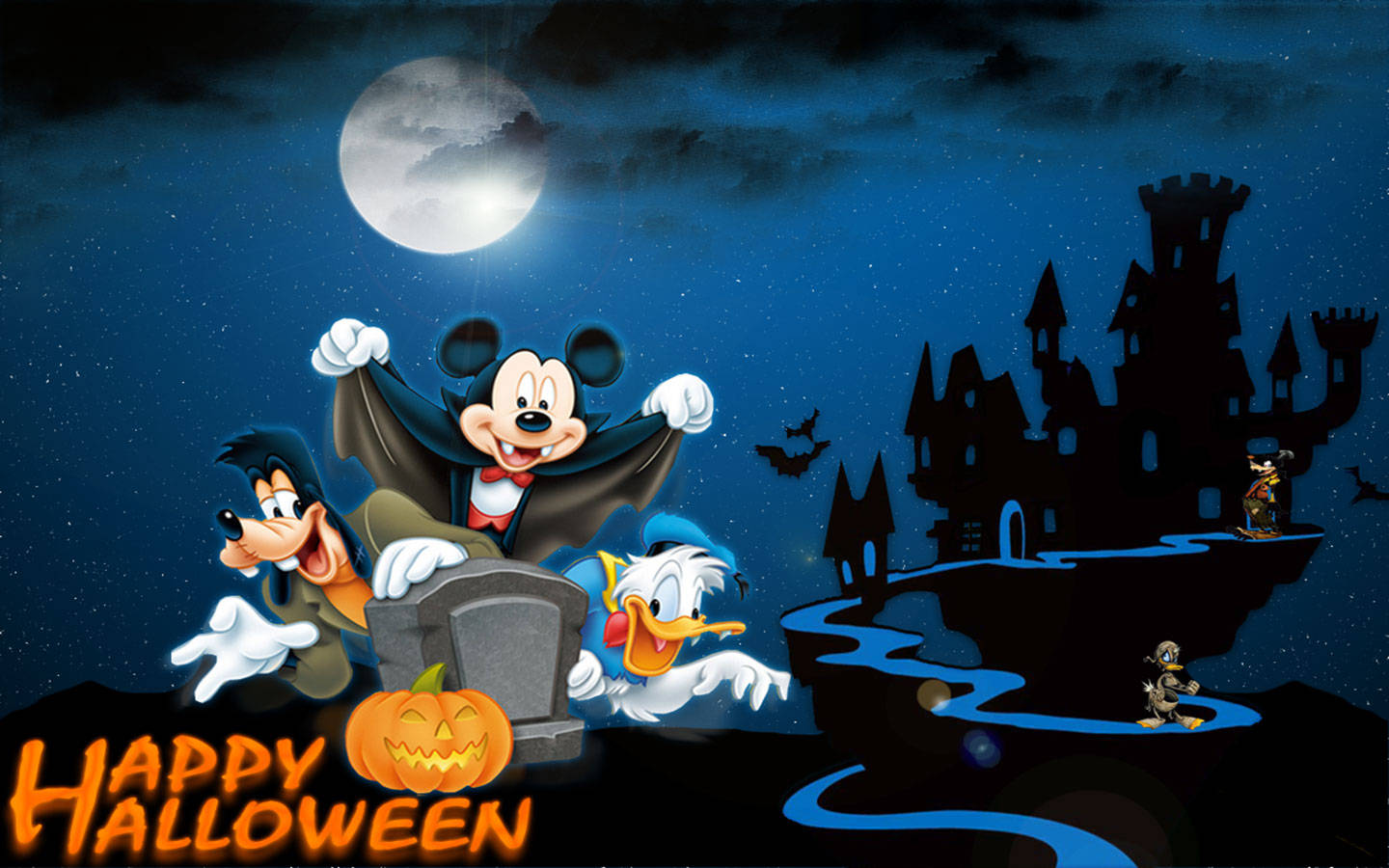 Disney characters dressed up for Halloween with a spooky castle in the background