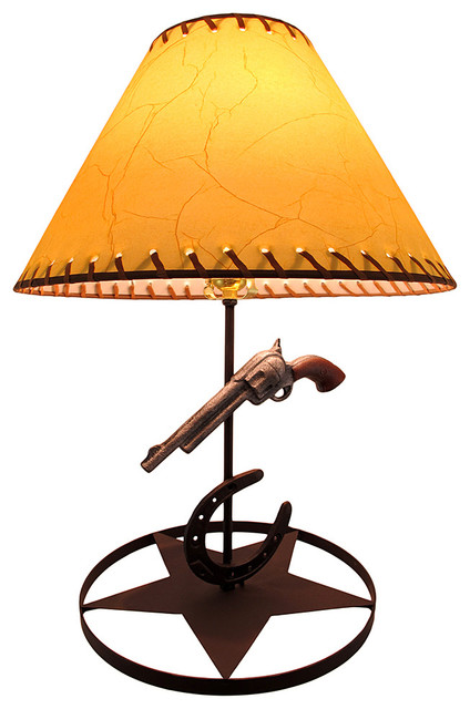 Western Themed Pistol and Horseshoe Metal lamp with Leather Look Shade