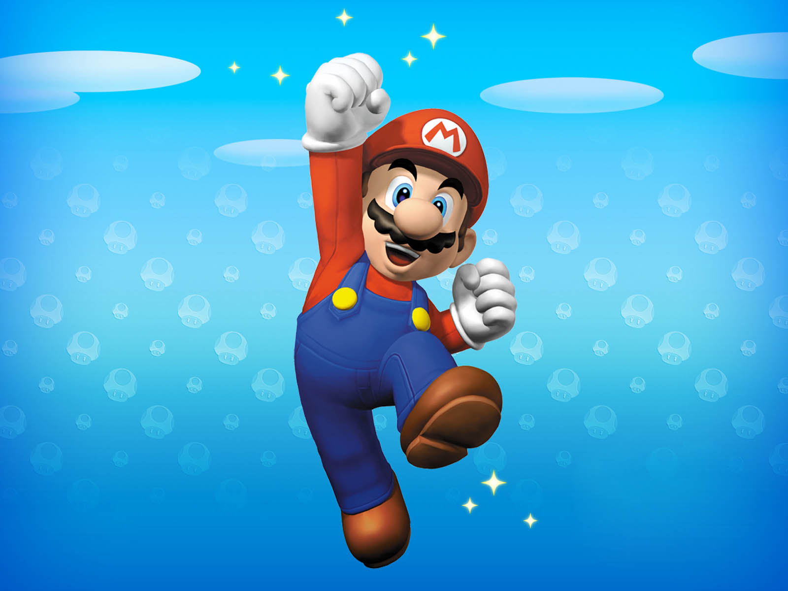 Super Mario jumping in a blue sky with clouds, perfect for Super Mario wallpaper