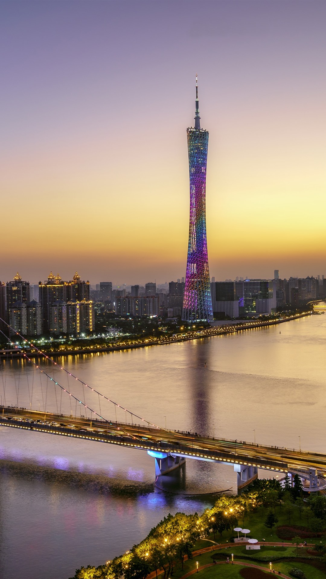 Beautiful Guangzhou Canton Tower bridge river skyscrapers