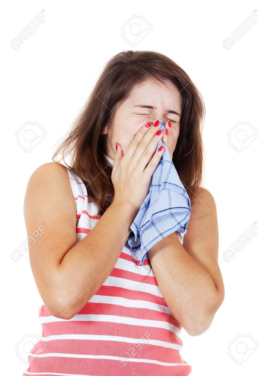 Sneezing Sick Girl With Handkerchief Isolated On White Background