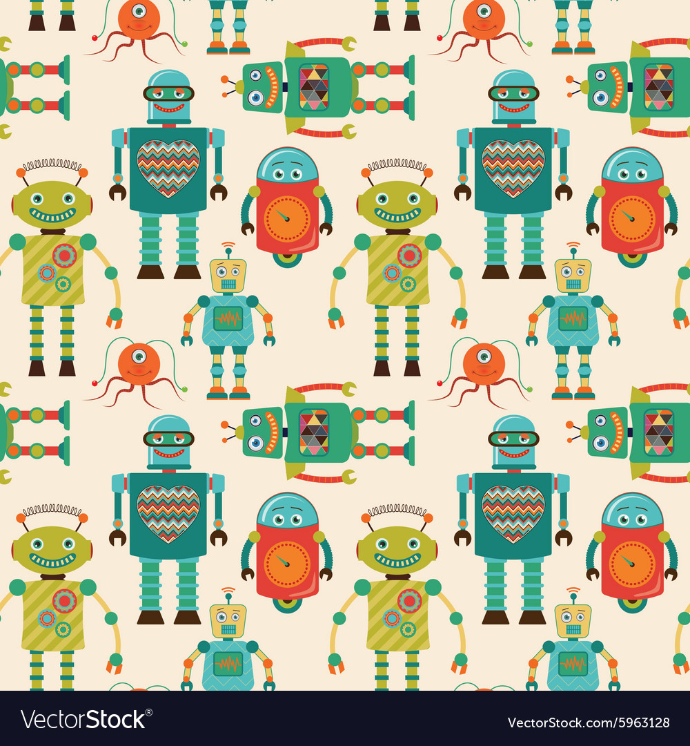Seamless Pattern Background With Cute Retro Robots