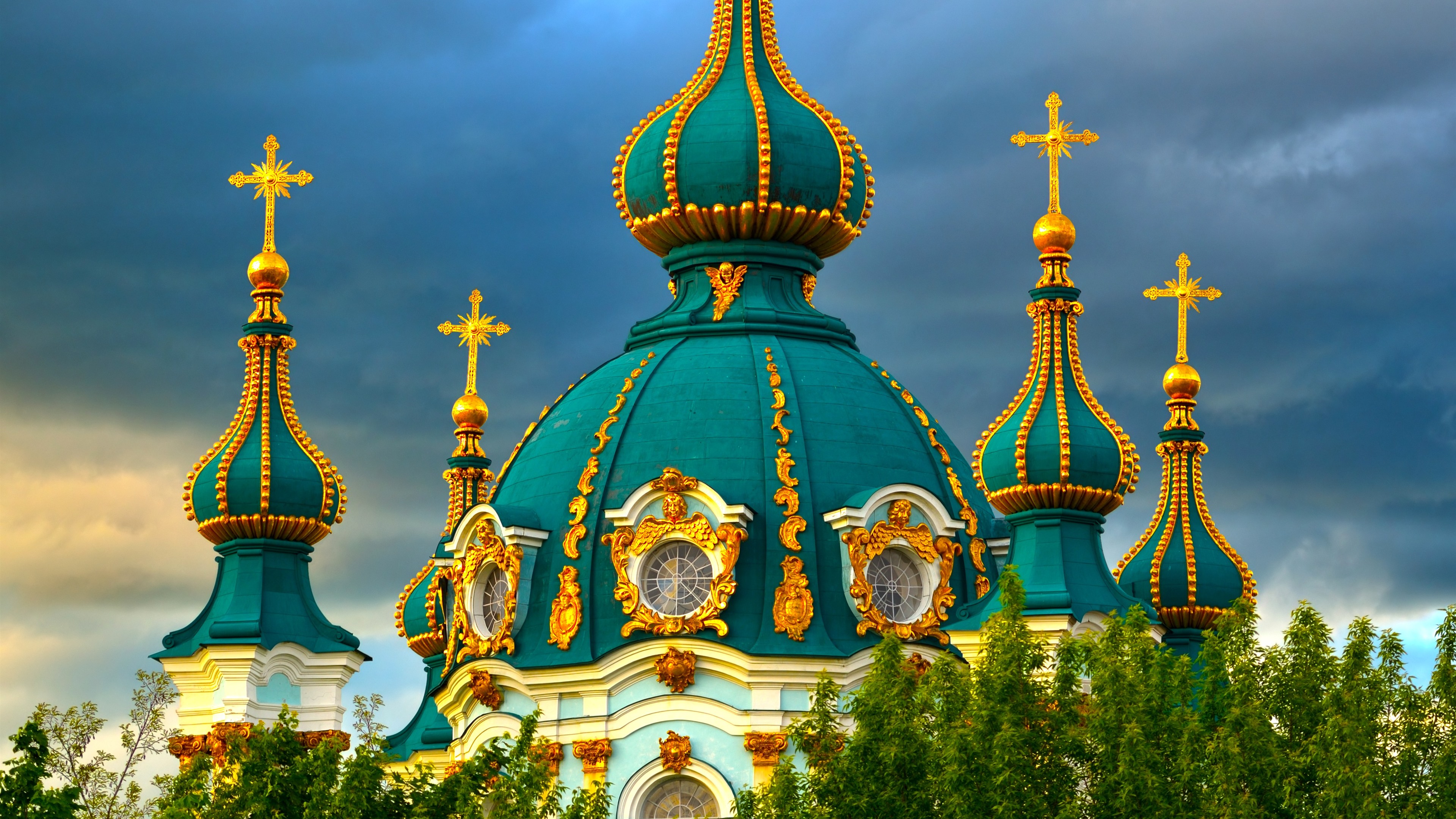 Wallpaper Church Ukraine Clouds Trees City UHD 4k