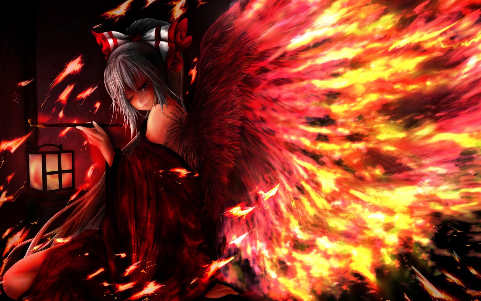 Fire Flame Wings Kimono Cute Girl Smiling Anime HD Wallpaper Desktop