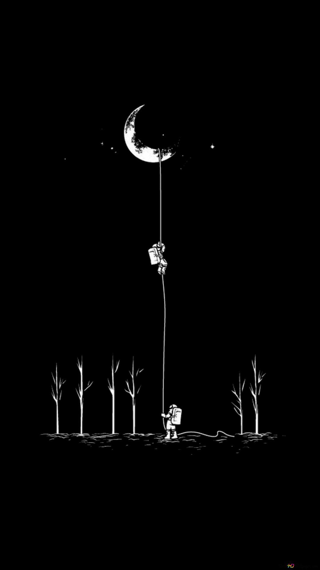 Black And White Anime Drawing Of Astronauts Climbing Half Moon On