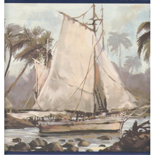 Wallpaper Border Tropical Island Beach Sailboats Palm Trees