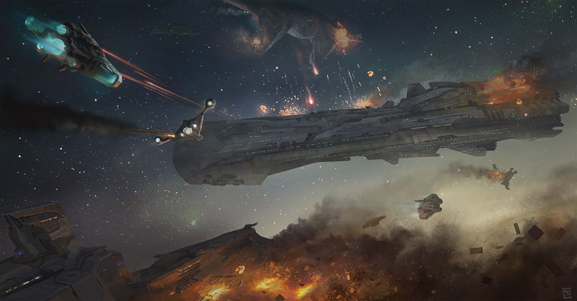 Space Battle With Capital Ships And Fighters Tech Art In