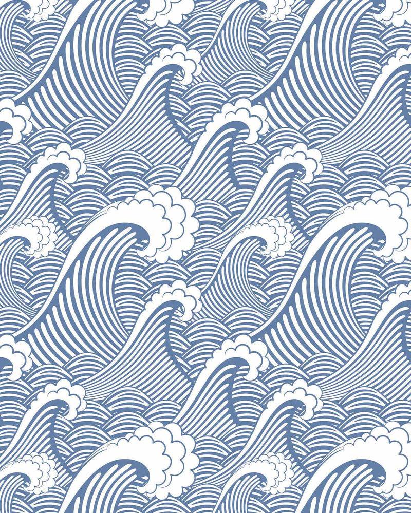 Ocean Blue Coastal Classic Waves Wallpaper As seen in Celeste