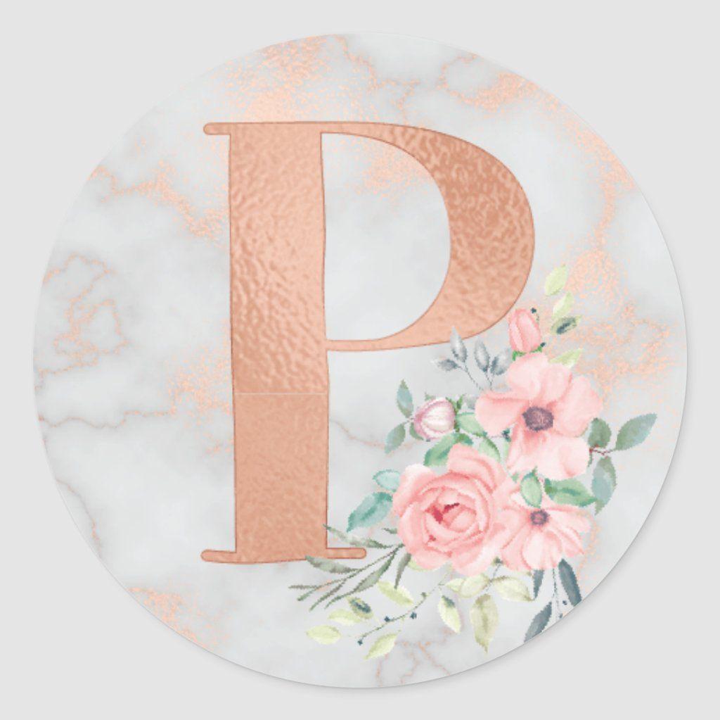 Rose Gold Marble Pink Flowers Monogram Letter P Classic Round
