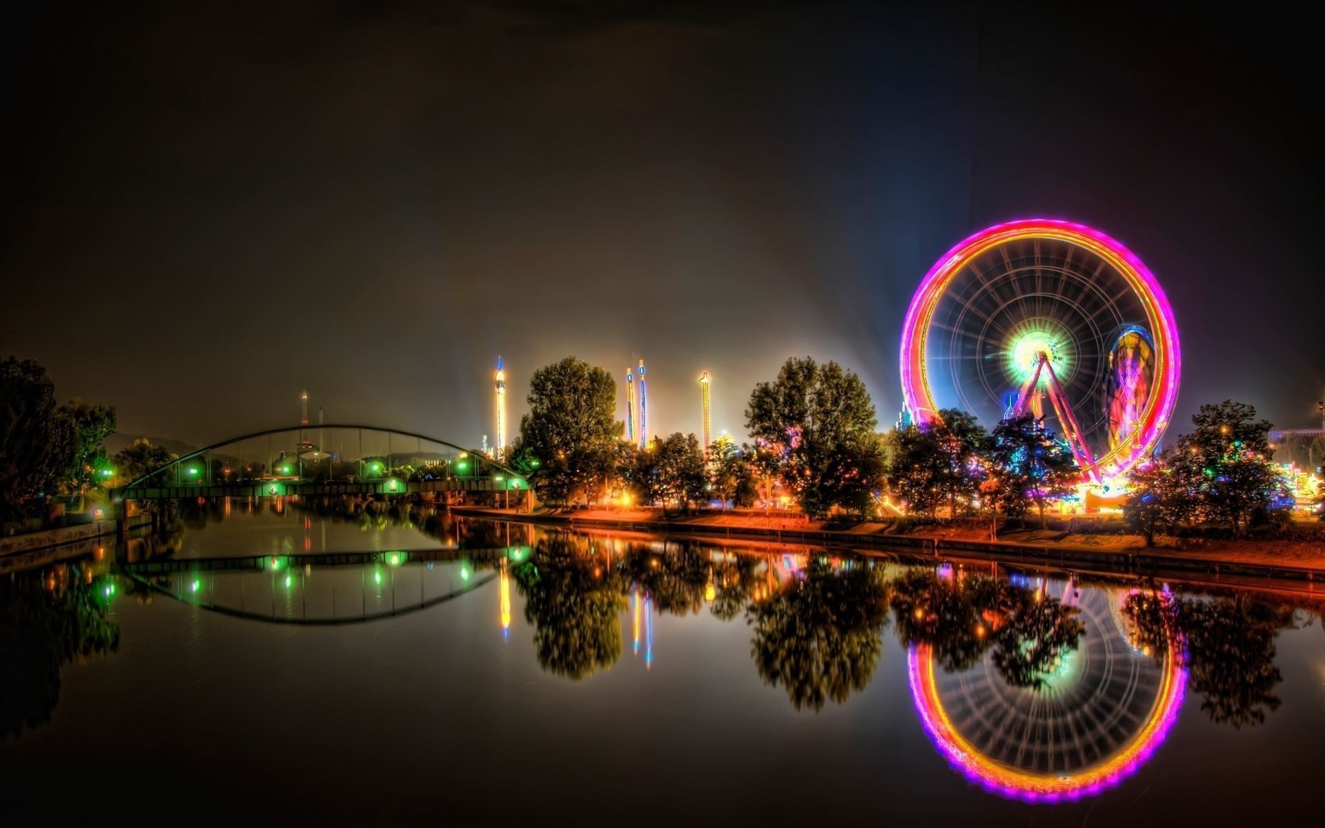 Cityscape River Bridge Lights Reflection HDr Ferris Wheel Wallpaper HD