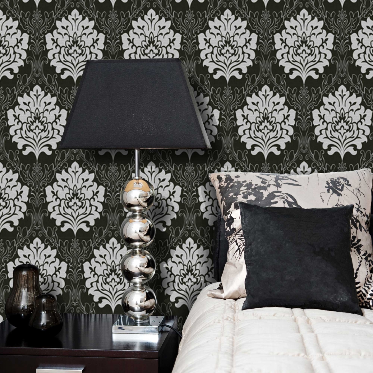 Shop By Style Damask Marrakesh Grey Black Wallpaper