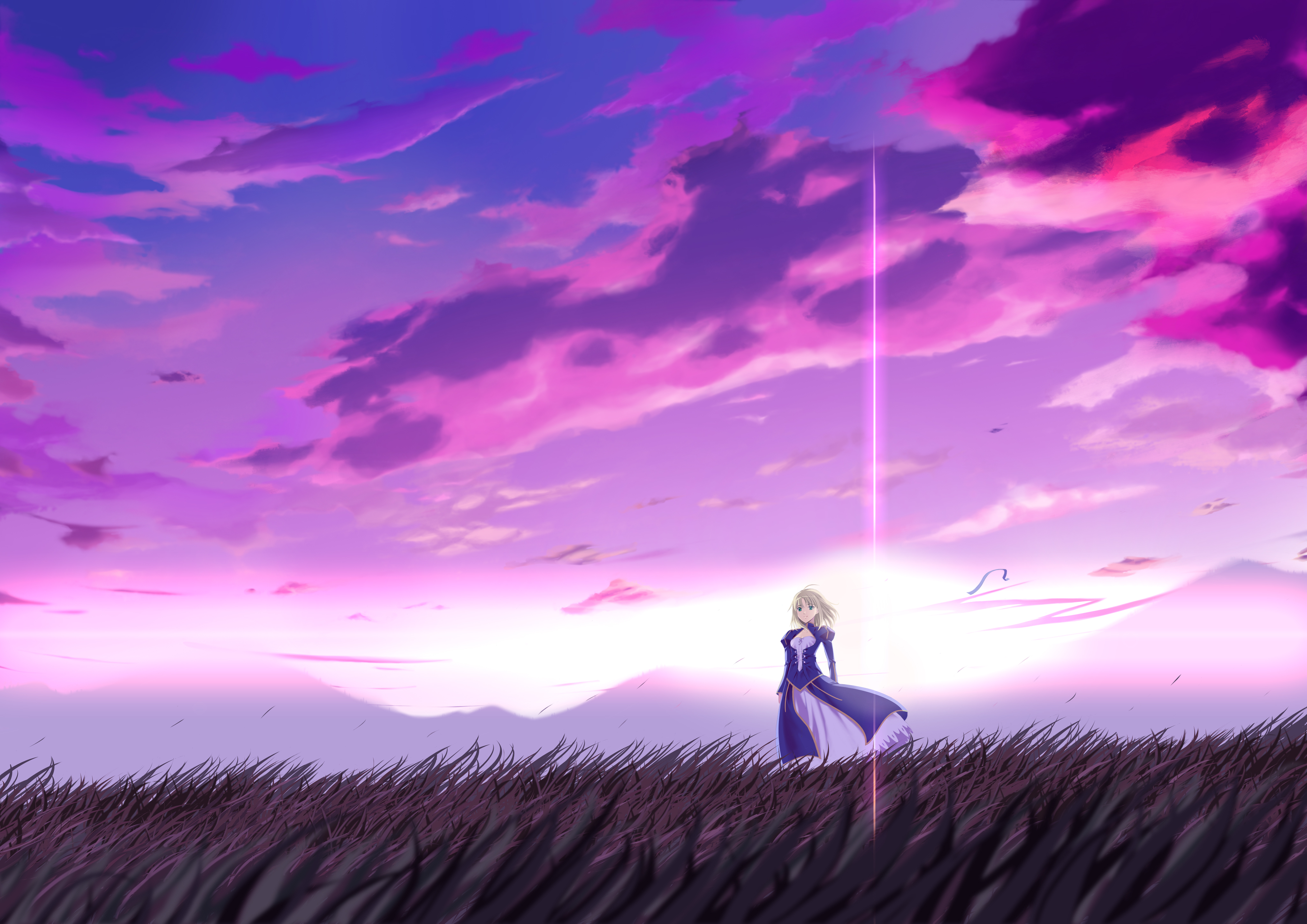 An anime girl stands in a field of tall grass against a vibrant purple sunset. The sky is a mix of purple, pink, and blue hues, with a bright light ray shining down from above. She wears a long, dark blue dress with white details