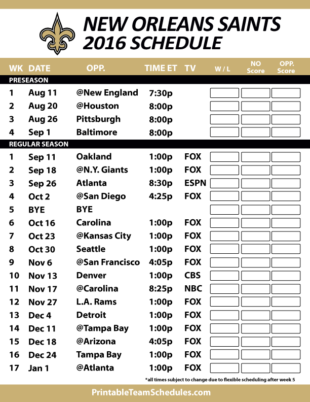 New Orleans Saints Schedule Calendar Template Site