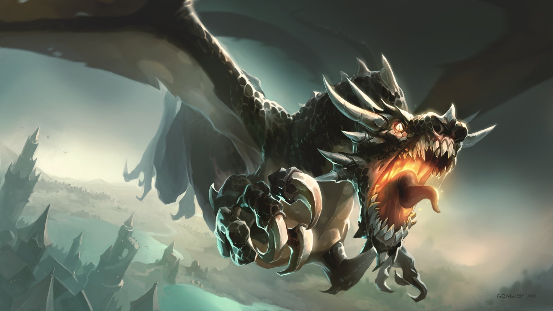 A fearsome black dragon soars over a medieval kingdom, its jaws open in a menacing roar, showcasing sharp teeth and fiery breath. The dragon's dark scales and powerful wings create a sense of impending doom