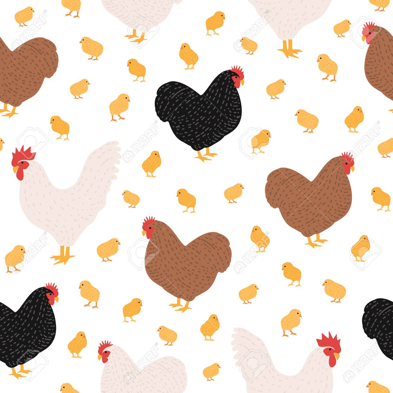 Seamless Pattern With Domestic Birds Or Farm Poultry On White