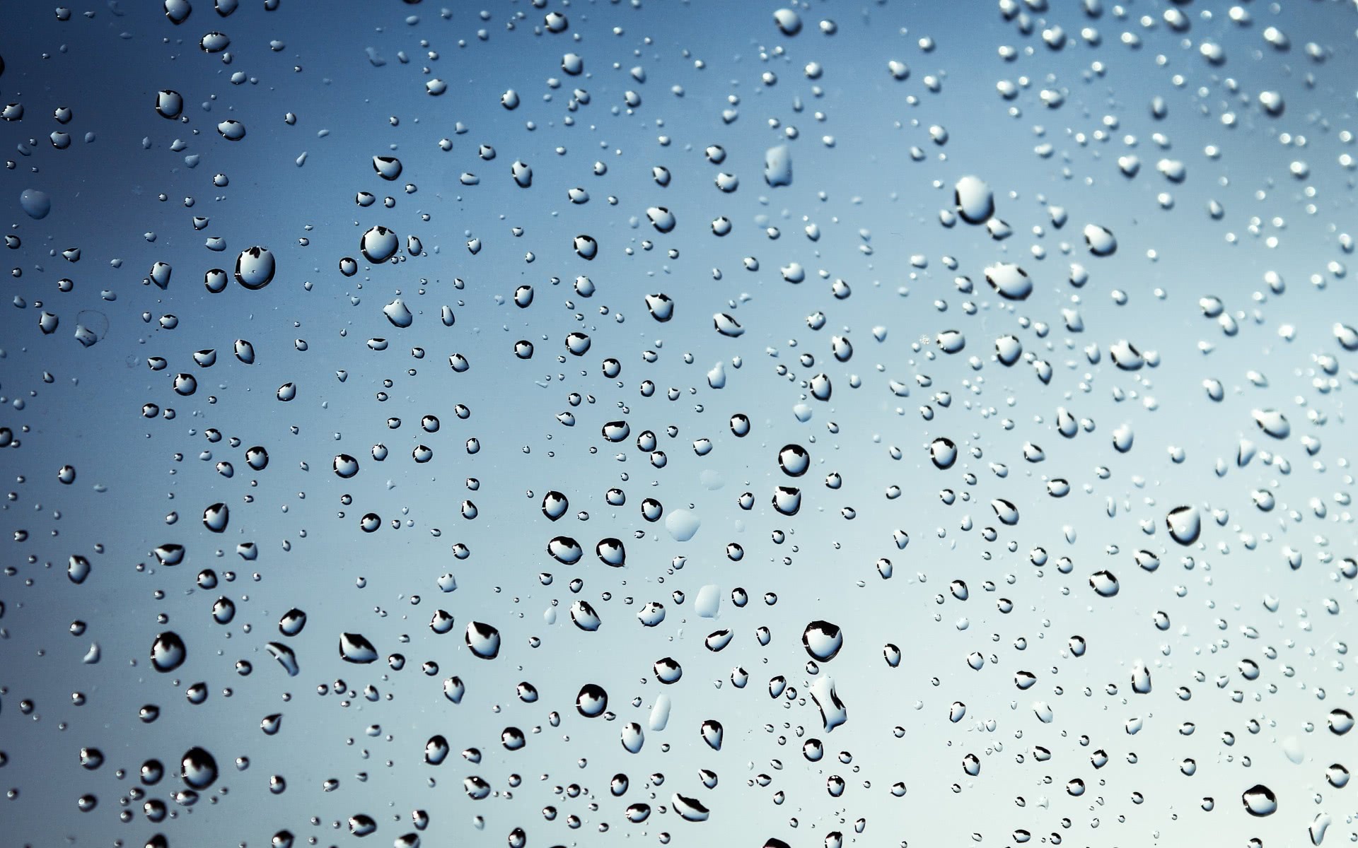 Close-up of raindrops on a window against a soft blue background. The droplets vary in size, creating a textured effect