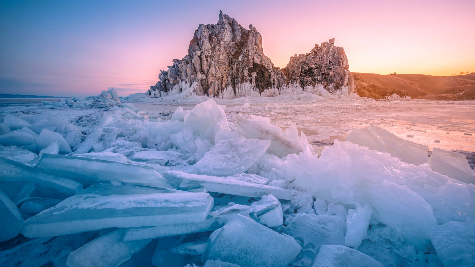 Landscape of Shamanka rock at sunrise Lake Baikal Siberia
