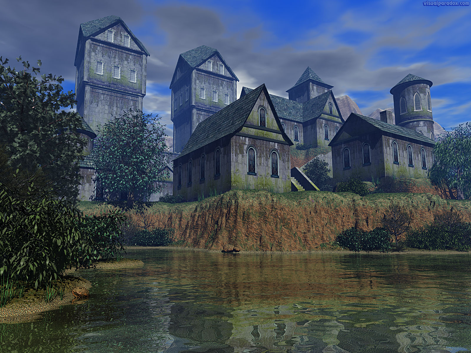 Abbey Tower Medieval Village Moat Lake Towers 3d Wallpaper