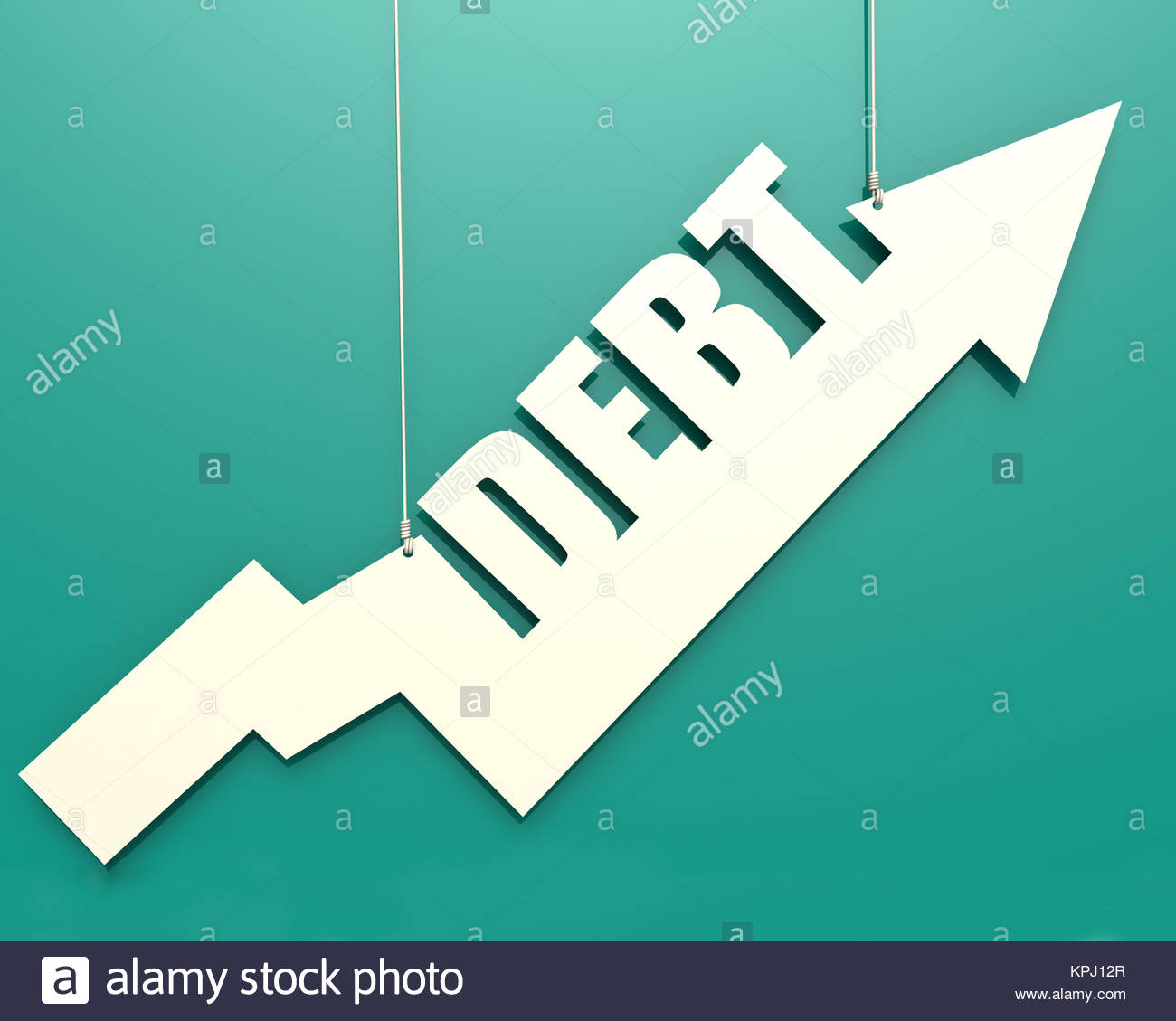 White Arrow With Debt Word Hang On Cyan Background Stock Photo