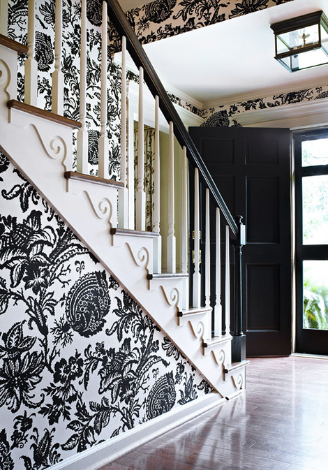 Black And White Schumacher Toile Damask Wallpaper On The Entry Walls