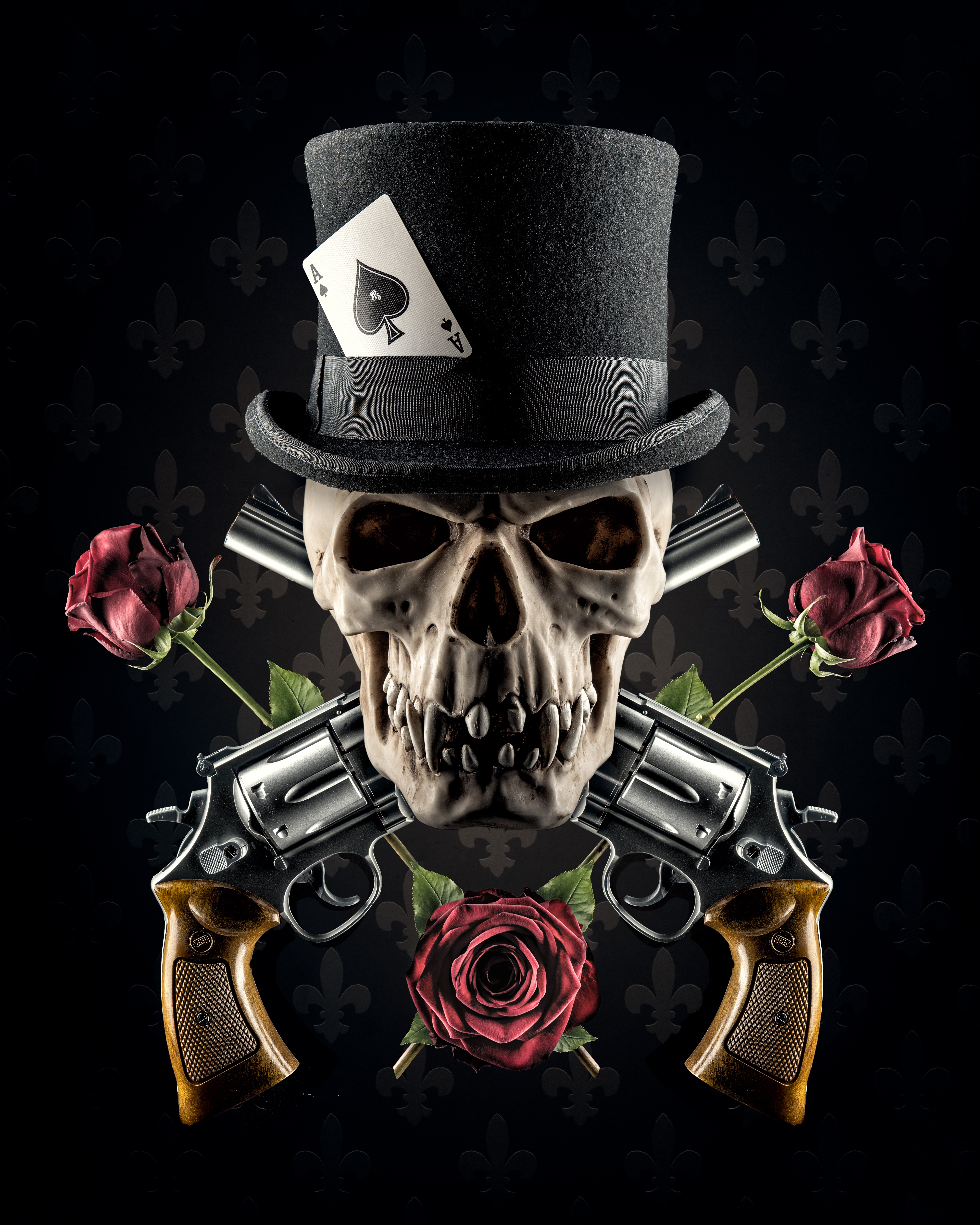 4k 5k Skulls Roses Hat Black Background Revolver