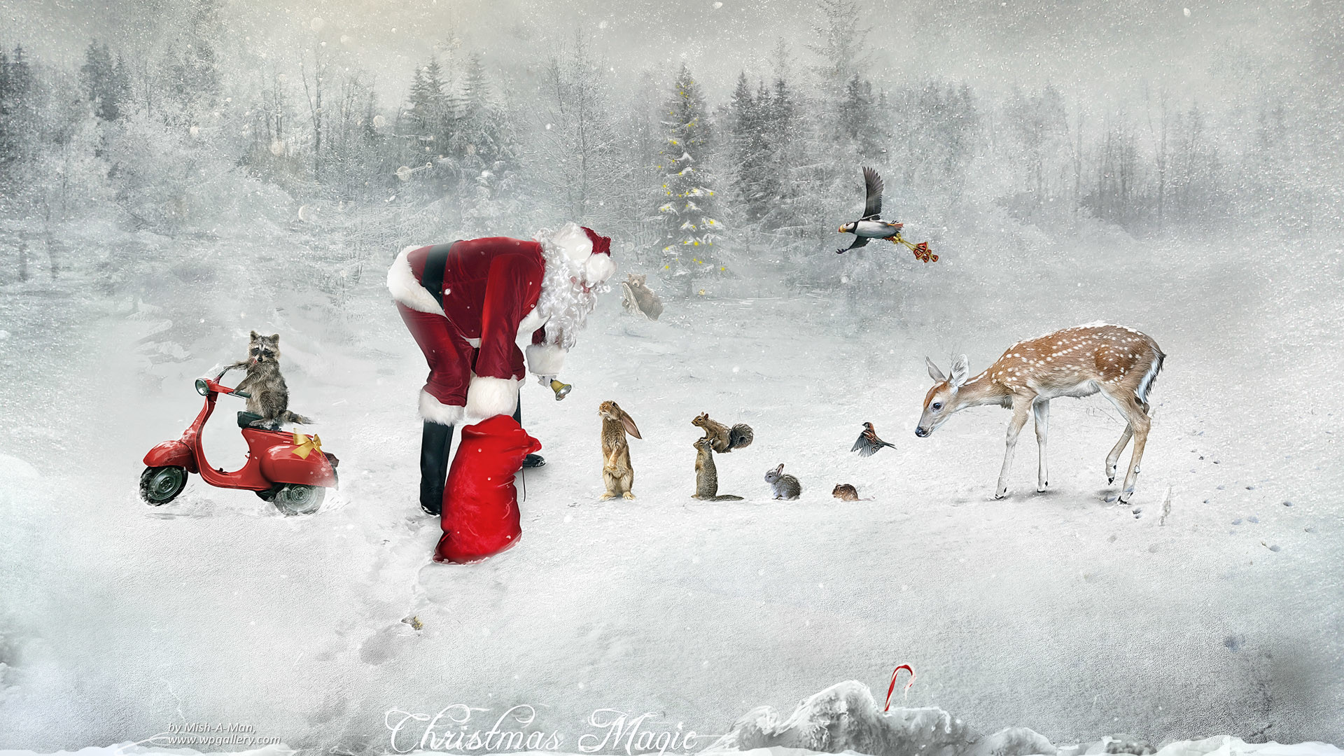 Santa Claus spreading Christmas magic in a snowy forest, surrounded by adorable animals including a raccoon on a scooter, a deer, rabbits, squirrels, and birds. A whimsical and festive scene perfect for the holiday season