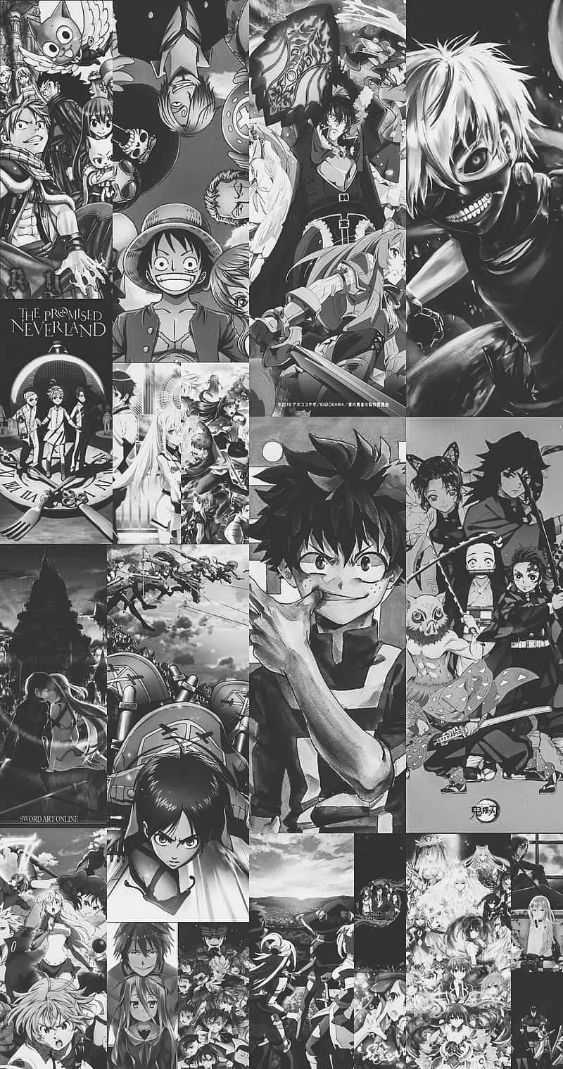 A Collage Of Anime Characters In Black And White