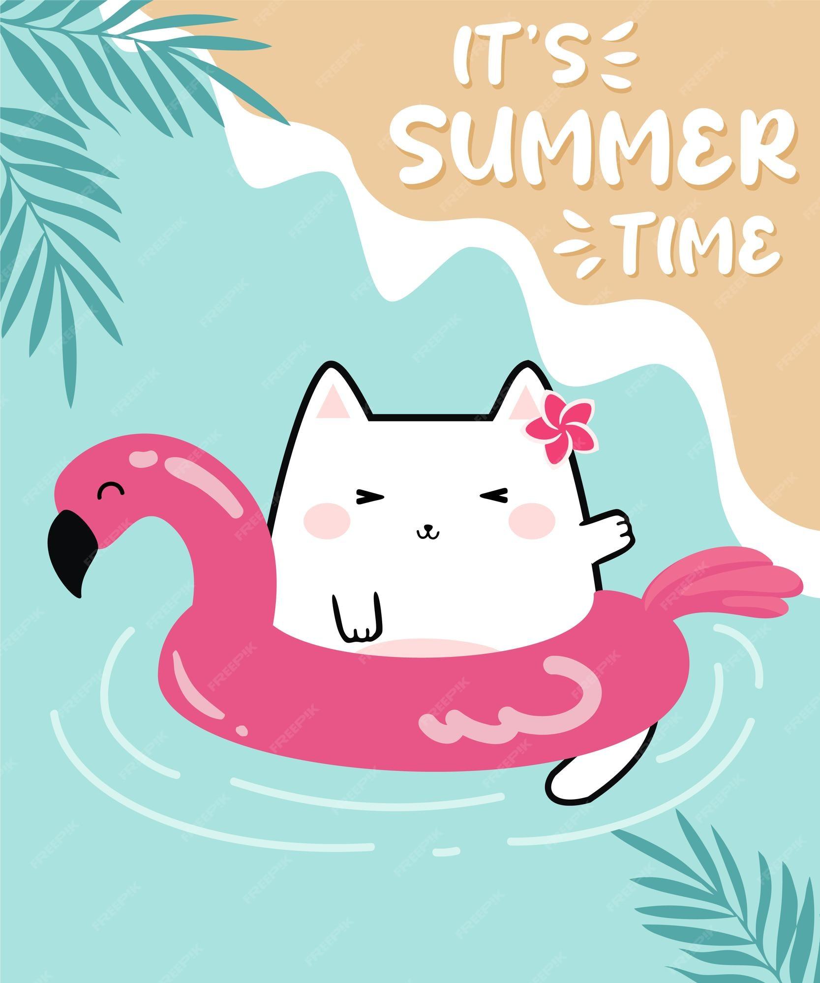 Premium Vector Kawaii Cute Cat On A Flamingo Float Cartoon