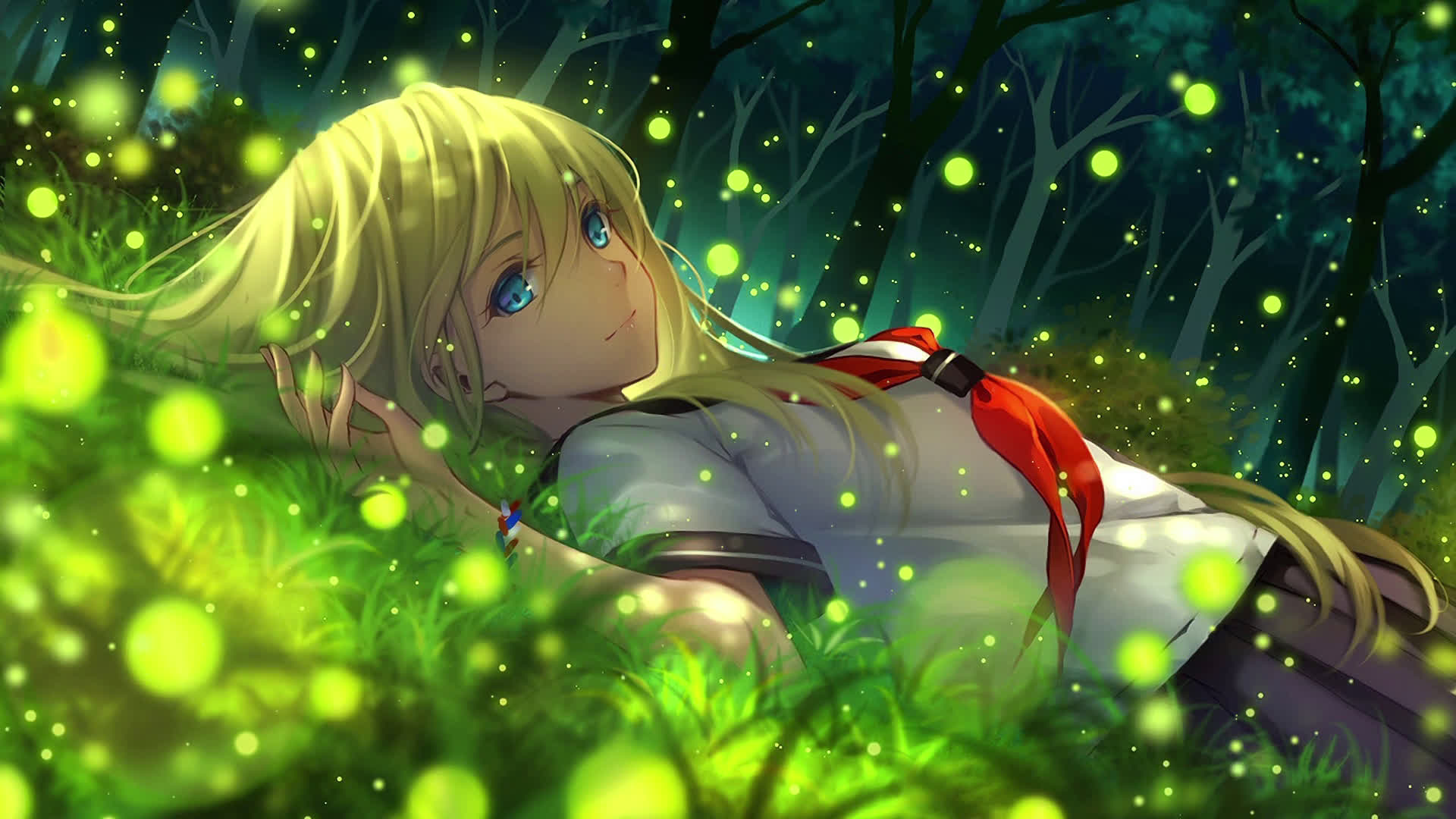 Anime girl lying in a field of fireflies