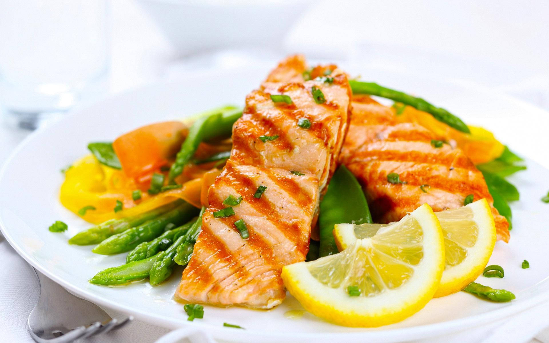 Food Photography Grilled Salmon And Vegetables Wallpaper
