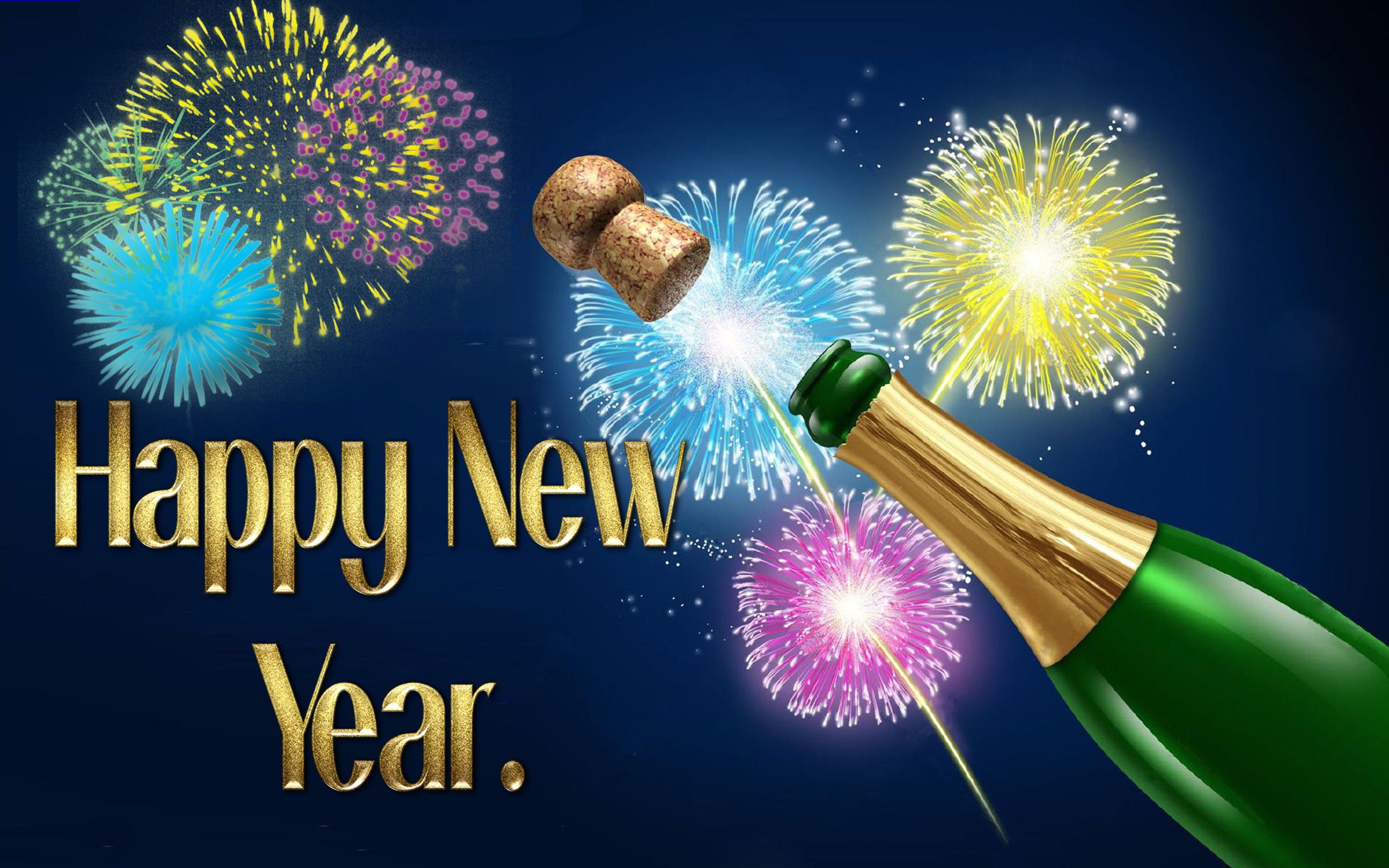A champagne bottle popping its cork against a backdrop of vibrant fireworks, celebrating New Year's Eve