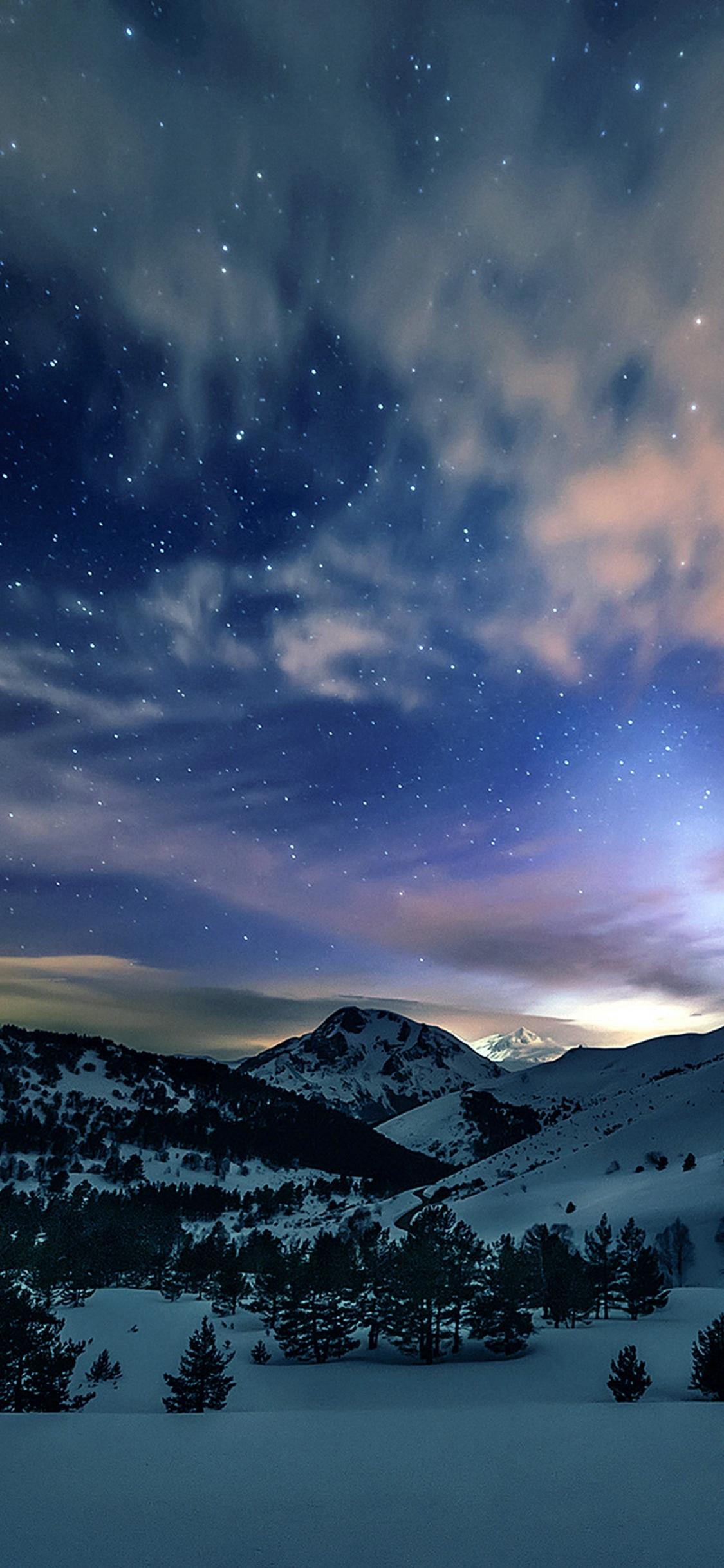 Aurora Star Sky Snow Mountain Winter Nature iPhone X Wallpapers