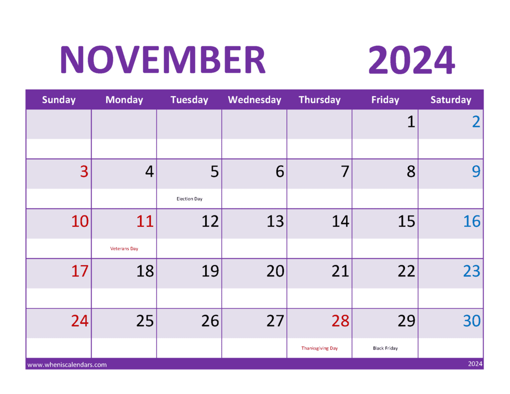November 2024 calendar with highlighted holidays and events