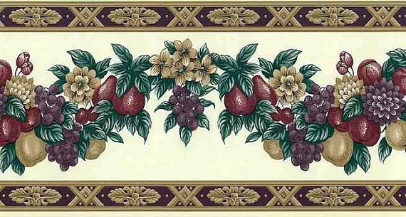 Fruit Floral SWAG VINTAGE Wallpaper Border Gold Maroon Pears Grapes