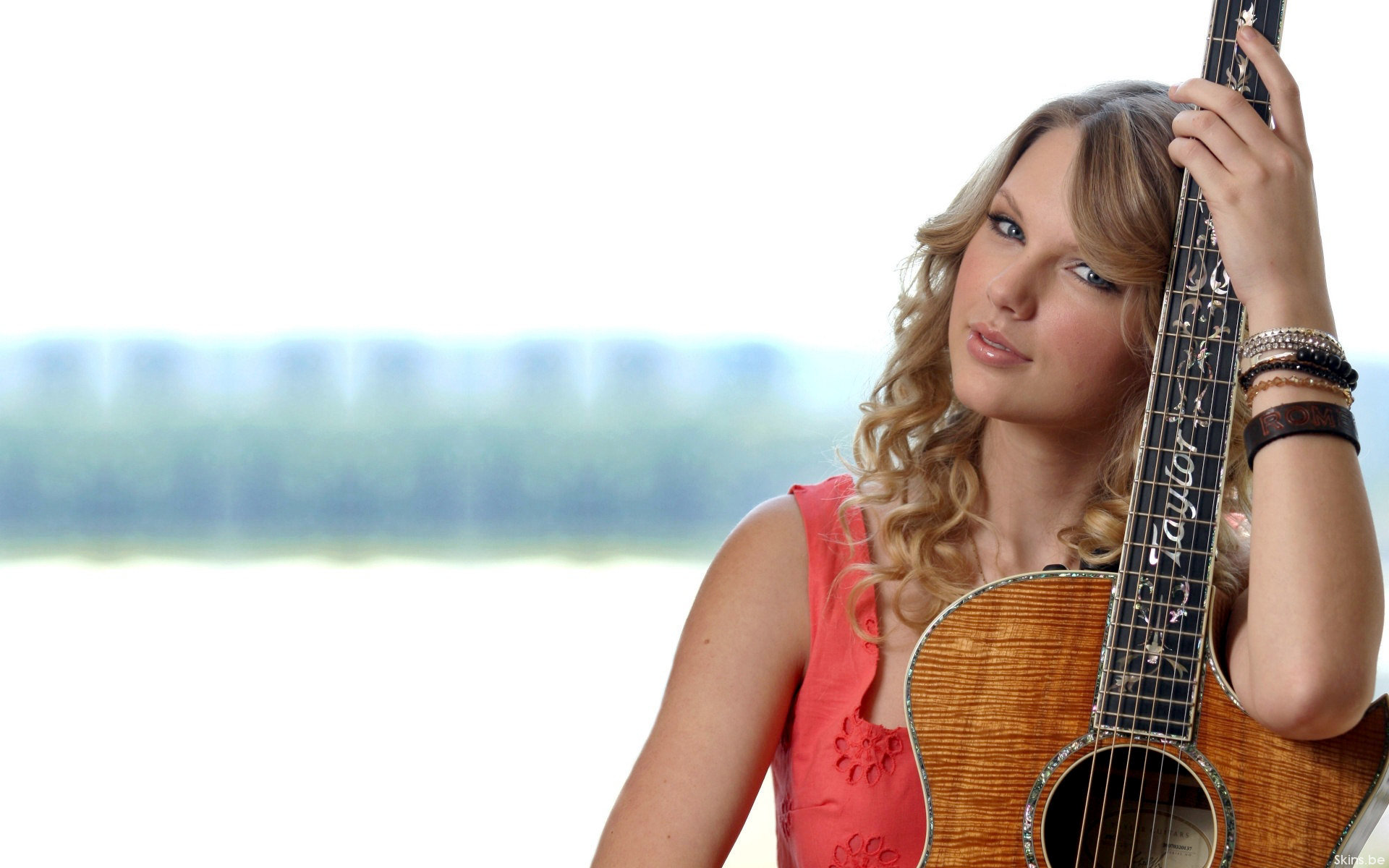Taylor Swift Red Dress With Guitar Wallpaper HD Background