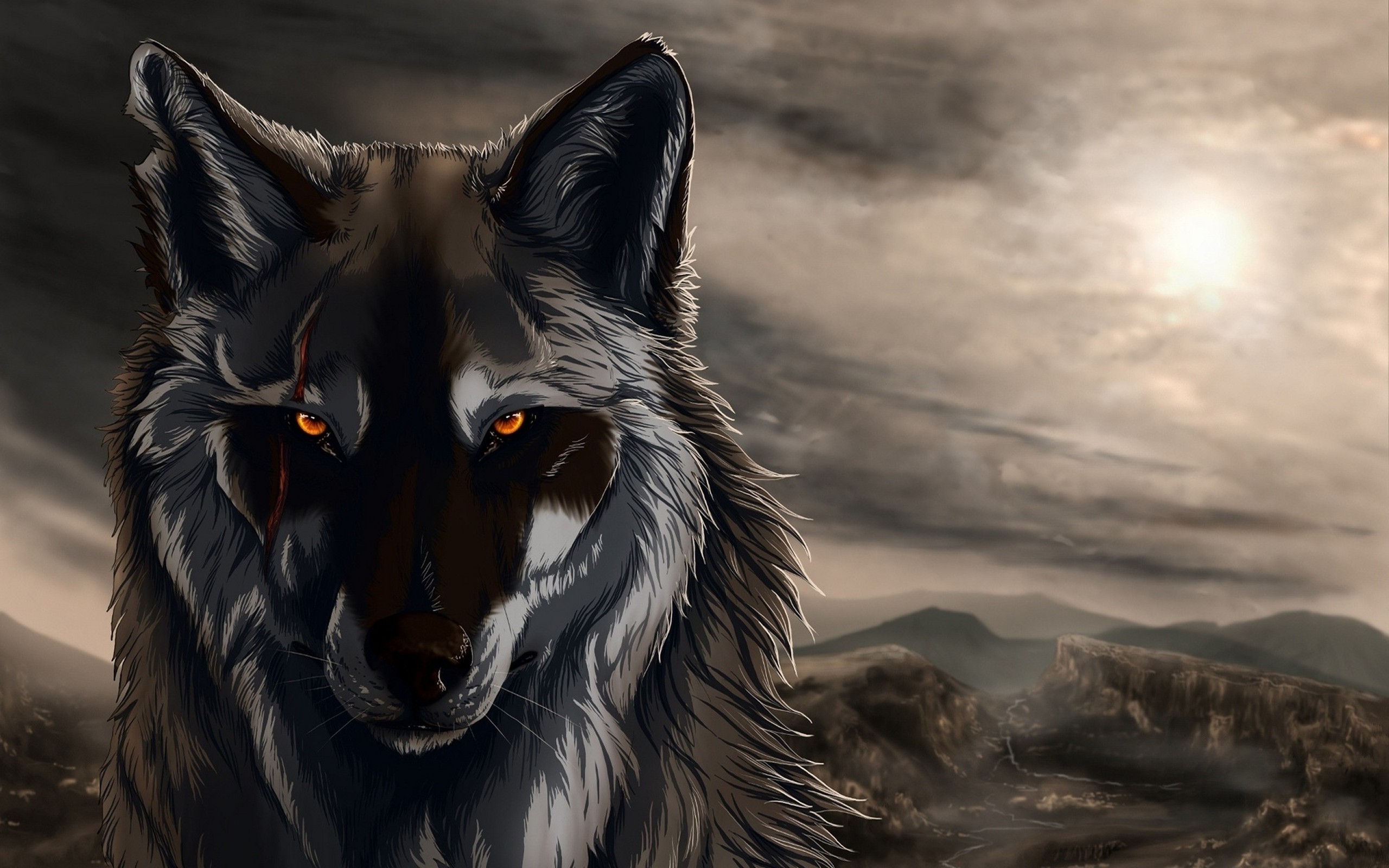 A majestic wolf with piercing orange eyes and a scarred face against a dramatic, mountainous backdrop