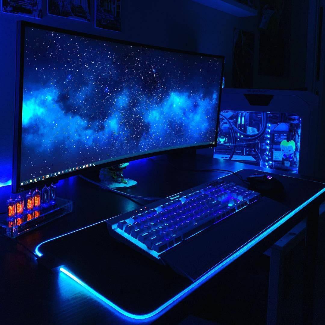 Gaming Room Neon Blue Setup Wallpaper
