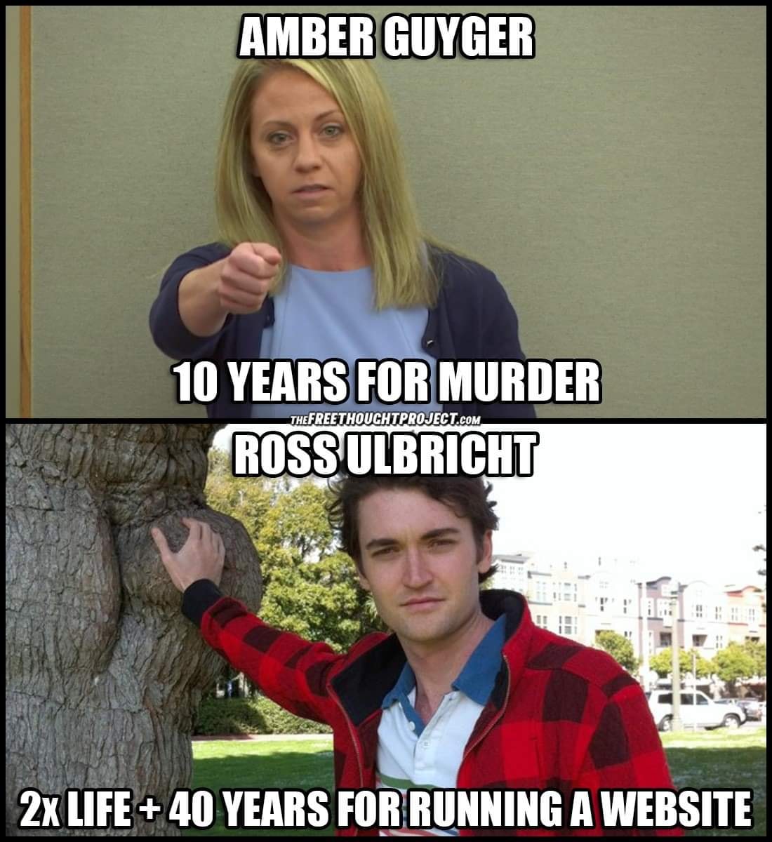 Meme comparing Amber Guyger's 10-year sentence for murder to Ross Ulbricht's double life sentence plus 40 years for running the Silk Road website