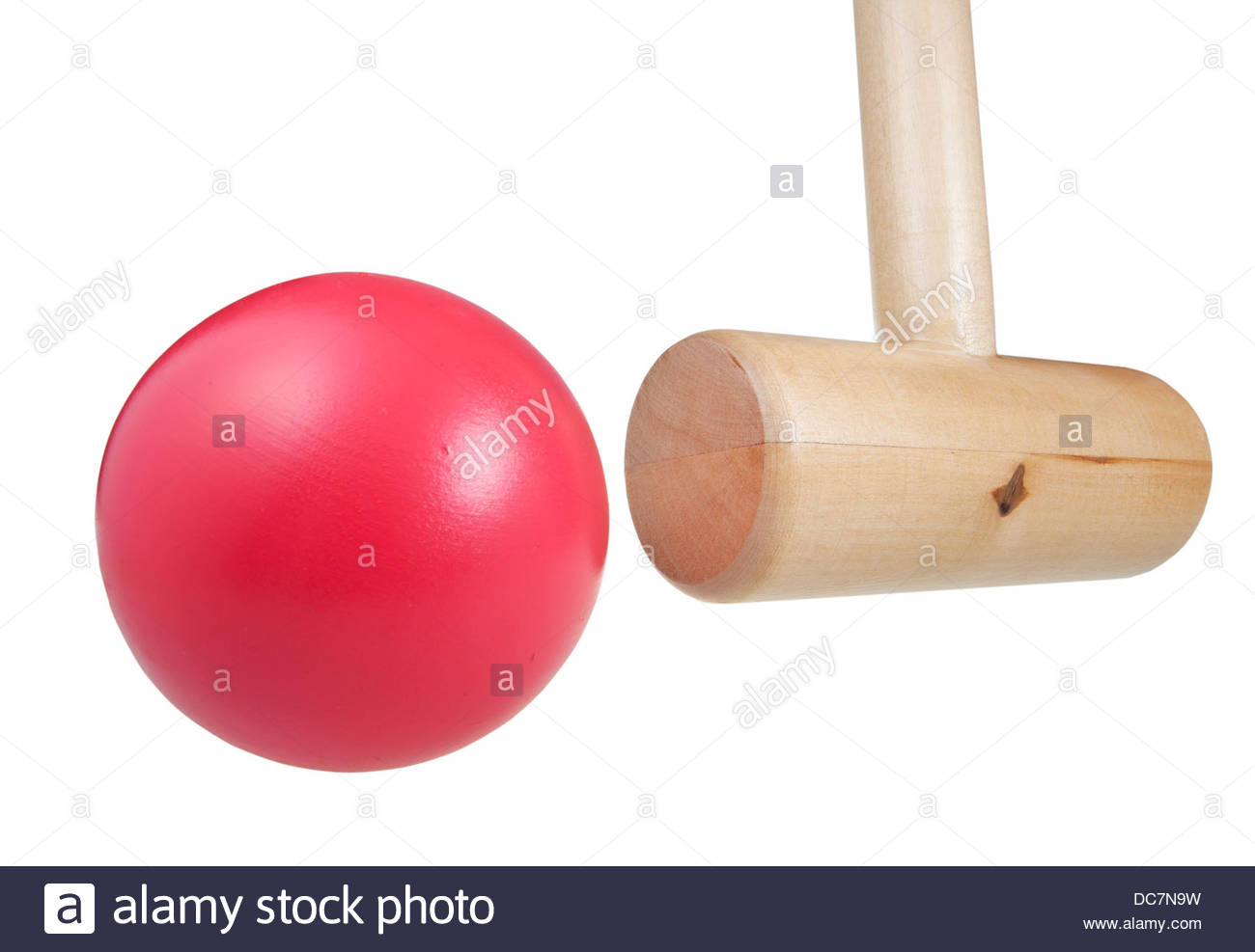 Croquet Mallet Hits Ball Close Up Isolated On White Background