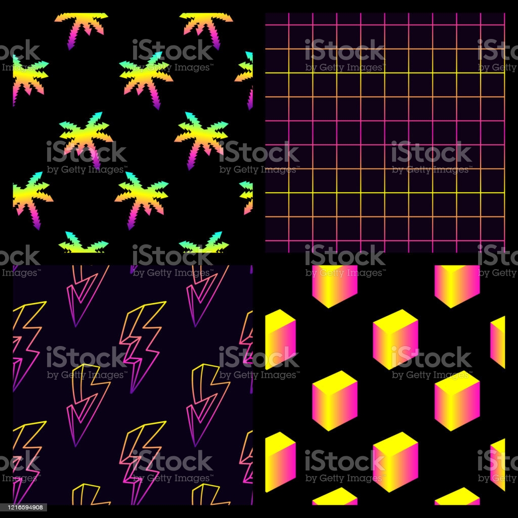 Set Of Seamless Patterns With Neon Holographic Designs