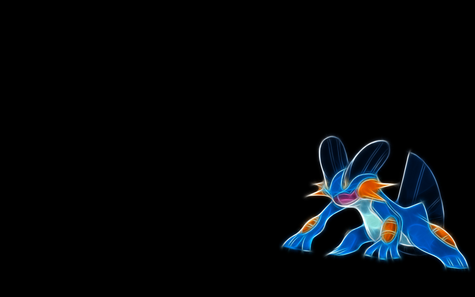 A vibrant, neon-blue Froakie Pokemon against a stark black background