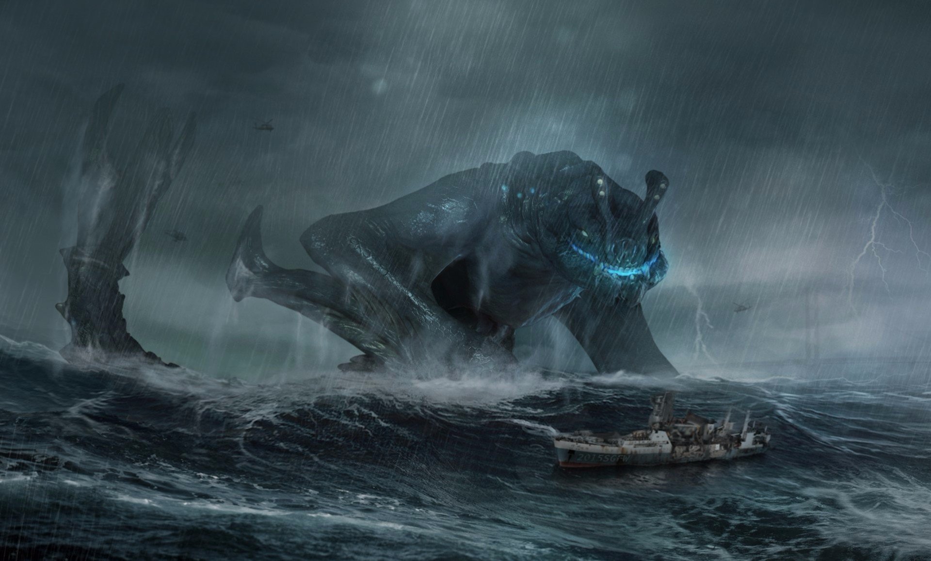 Fantasy Art Pacific Rim Kaiju Sailing Ship Rain Storm
