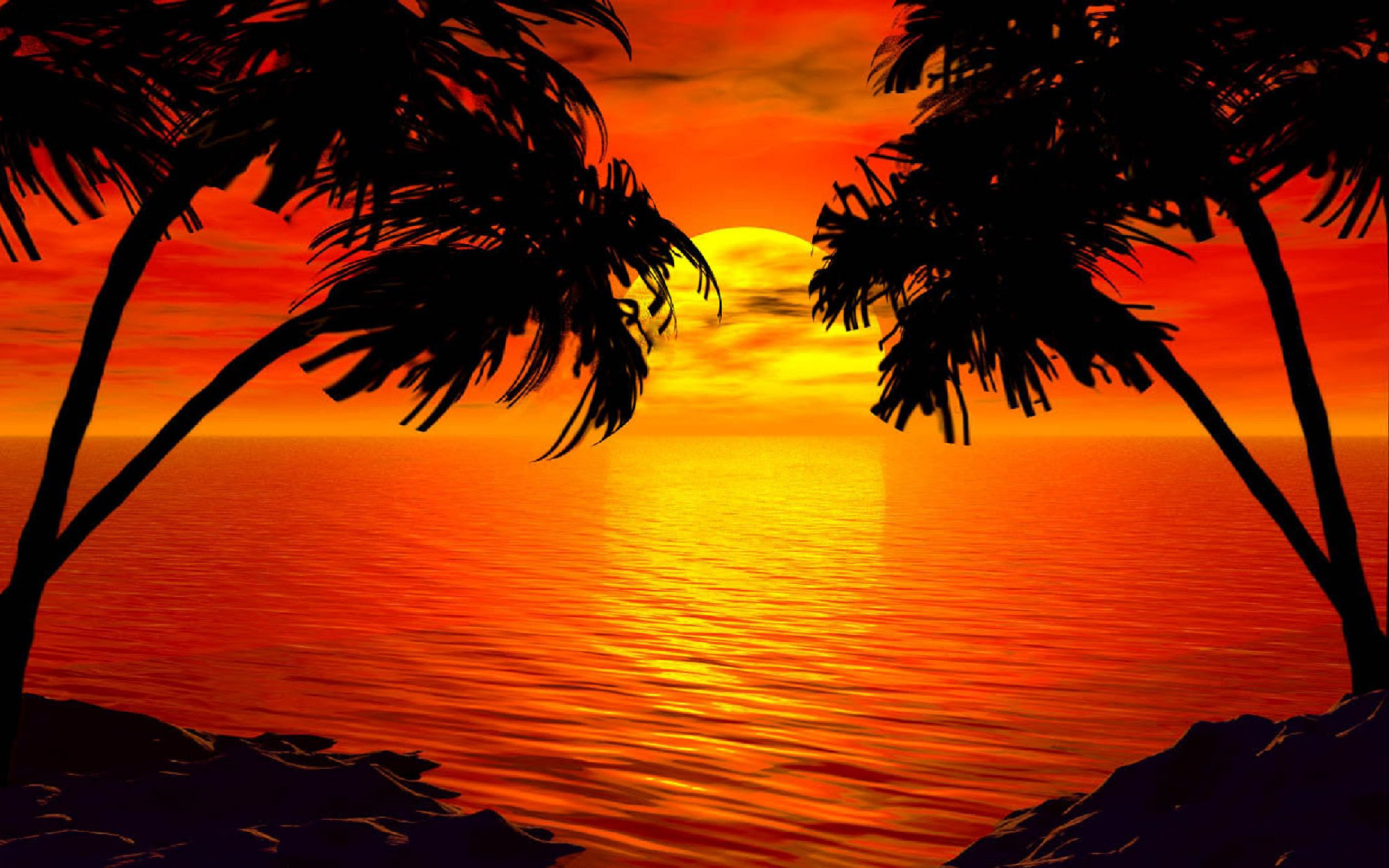 Silhouette of palm trees against a vibrant sunset over the ocean, an idyllic island scene