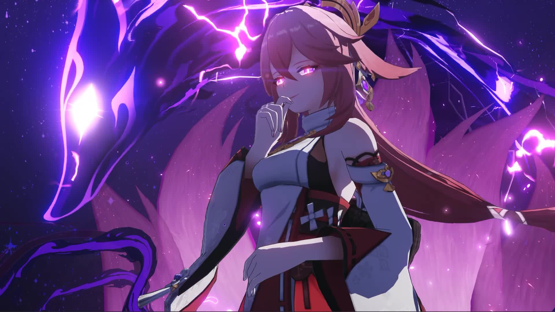 A vibrant anime-style live wallpaper featuring a female character with pink hair and a red and white outfit, posed against a dynamic purple background with glowing effects